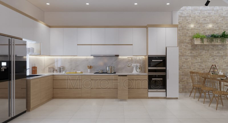 Thiết kế tủ bếp gỗ veneer màu vàng nâu và màu trắng đơn giản cho không gian phòng bếp đẹp độc đáo Thiết kế tủ bếp nhà phố sang trọng