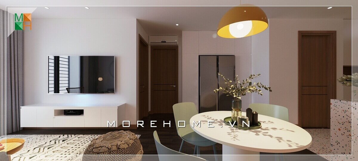 Mẫu thiết kế nội thất đơn giản phòng khách liền kề bếp ăn cho chung cư diện tích nhỏ theo phong cách hiện đại. Mẫu bàn ghế ăn hiện đại, bàn ăn hình tròn và màu trắng rất đẹp mắt. thiết kế chung cư nhỏ