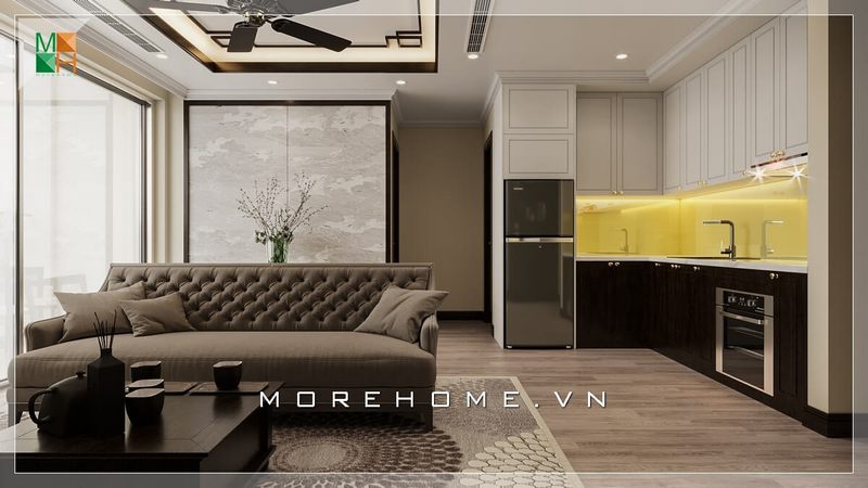Cách thiết kế không gian phòng khách liền bếp cho căn hộ chung cư mang đến cảm giác không gian được nới rộng rất hữu hiệu. thiết kế nội thất chung cư