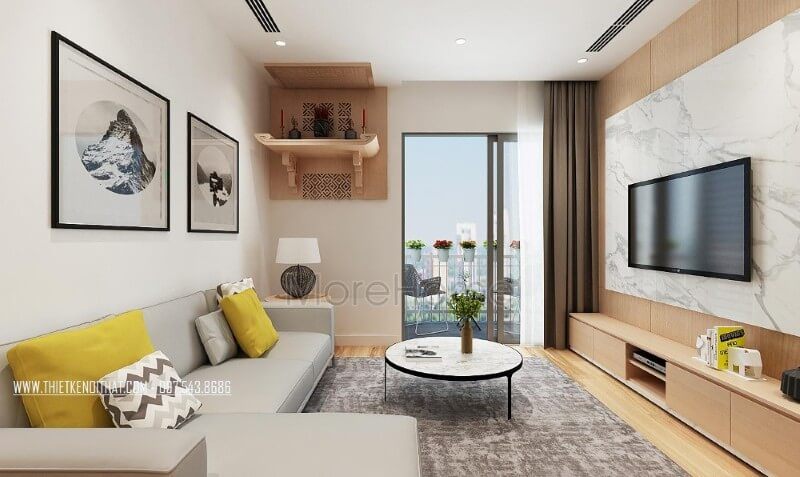 Thiết kế sofa đặt tại phòng khách có màu xám sáng đơn giản, không cầu kỳ chi tiết mà sử dụng hầu hết là các đường nét tối giản gợi một không gian sống năng động thiết kế chung cư