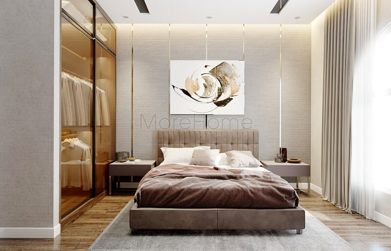 Mẫu thiết kế phòng ngủ đẹp với đồ nội thất hiện đại: Giường ngủ, tủ quần áo âm tường, tap đầu giường kết hợp giấy dán tường và tranh trang trí đẹp mắt. Thiết kế chung cư