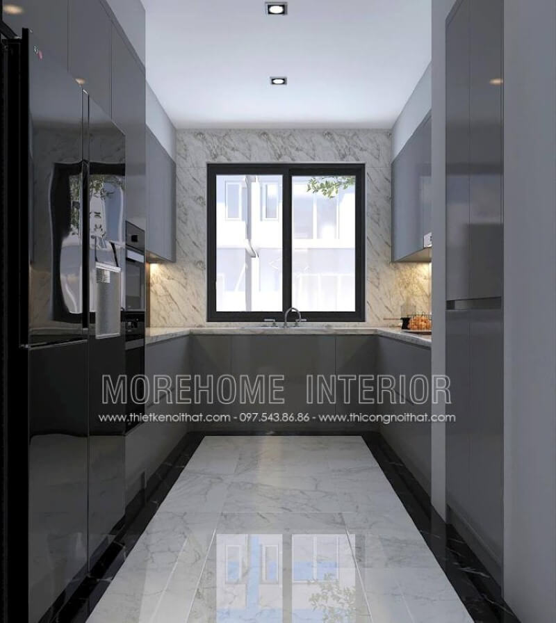 Trang trí nội thất phòng bếp không được lớn, việc sử dụng máy hút mùi có thể giúp lọc sạch không khí tuy nhiên việc bố trí cửa sổ lớn vừa giúp không khí lưu thông lại mang lại nguồn sinh khí có thể là điểm đáng chú ý. thiết kế nội thất chung cư