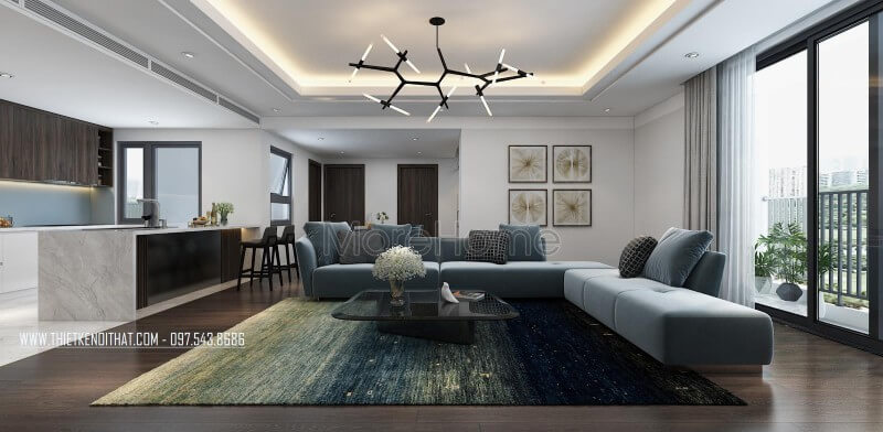 Chiếc sofa nỉ chữ L màu xanh là điểm nhấn nổi bật của căn phòng, đặc biệt gam màu này tạo sự tươi mới cho căn phòng thiết kế chung cư
