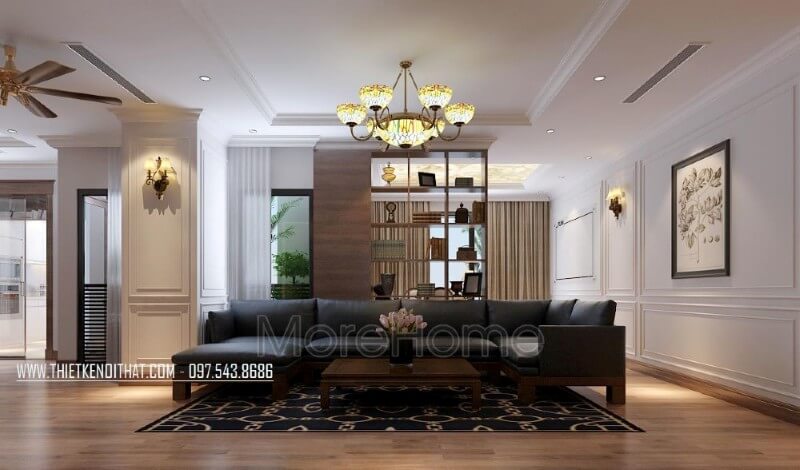 Bộ sofa óc chó bọc da cao cấp được gia chủ lựa chọn trong mẫu thiết kế này, vừa mang lại thuận tiện cho gia đình đông thành viên trong những dịp tụ tập cuối tuần, vừa thể hiện đẳng cấp chịu chơi của gia chủ thiết kế chung cư
