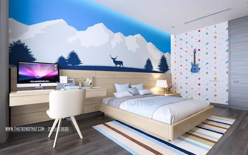 Giường ngủ gỗ sồi hiện đại cùng gỗ ốp đầu giường gam sáng màu tạo nên vẻ đẹp trẻ trung, độc đáo cho phòng ngủ con trai hiện đại. thiết kế chung cư