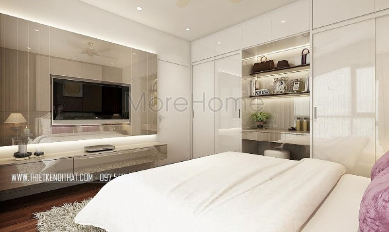 Kệ trang trí gỗ công nghiệp nhưng đẹp, sang trọng lựa chọn ấn tượng cho phòng ngủ vợ chồng hiện đại. thiết kế chung cư
