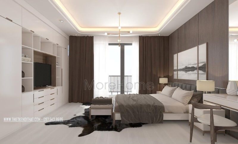 Thiết kế nội thất phòng ngủ master hiện đại đẹp và thông thoáng với cửa kính chiếm trọn mảng tường để bạn có thể tận hưởng cảm giác tuyệt vời từ thiên nhiên. thiết kế chung cư