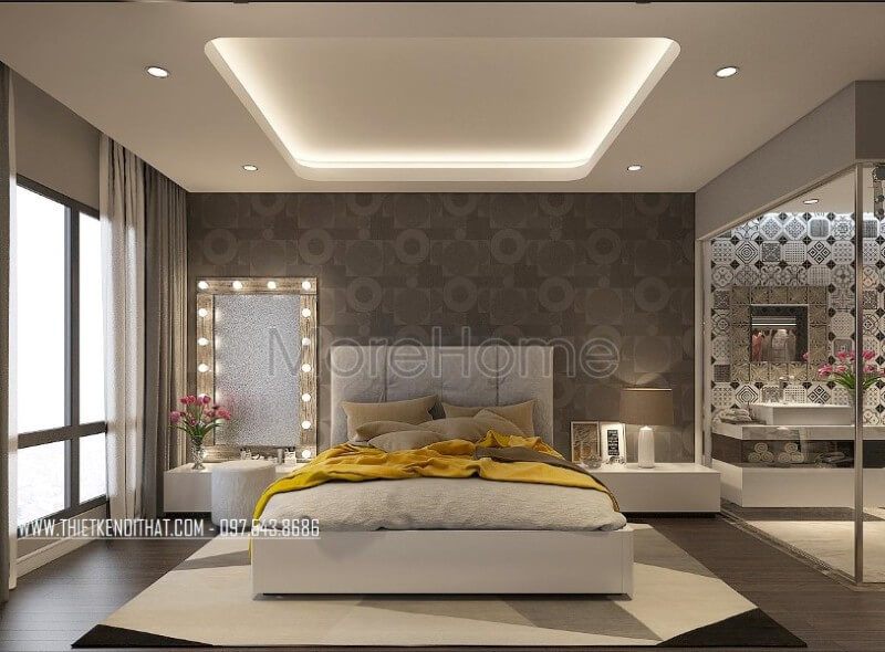 Thiết kế nội thất phòng ngủ chung cư hiện đại với các tone màu nhẹ nhàng mang đến sự ấm áp và yên bình cho không gian riêng tư của gia chủ. Thiết kế chung cư