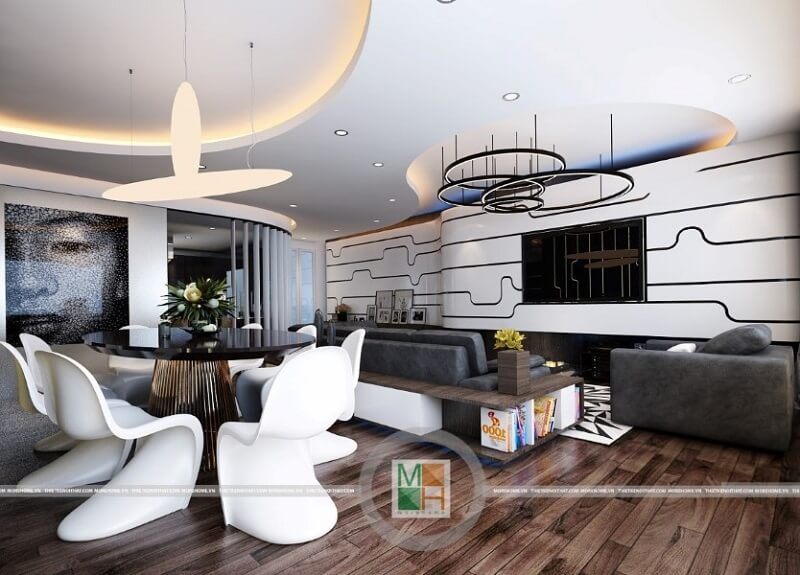 Thiết kế nội thất chung cư Ciputra tiện nghi, KTS đã ưu tiên sử dụng các vật liệu nhẹ như kính cường lực, tấm chắn gỗ kết hợp tủ đựng đồ vừa đảm bảo tính thẩm mỹ vừa tiết kiệm thời gian thi công và diện tích không gian sinh hoạt. Thiết kế chung cư