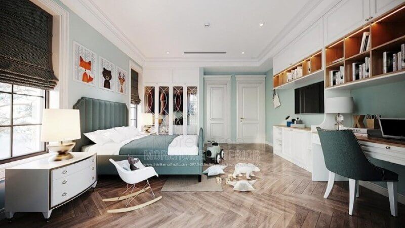 Trang trí nội thất phòng ngủ con đẹp, sinh động với giường ngủ bọc nệm, tab đầu giường đơn giản nhưng sang trọng cùng bộ tranh treo tường ngộ nghĩnh. Thiết kế chung cư