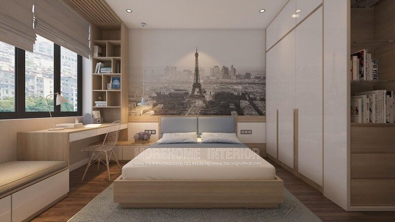 Thiết kế nội thất phòng ngủ hiện đại, đẹp sang trọng với tranh dán tường địa danh nổi tiếng cùng nội thất gỗ công nghiệp An Cường cao cấp. Thiết kế chung cư