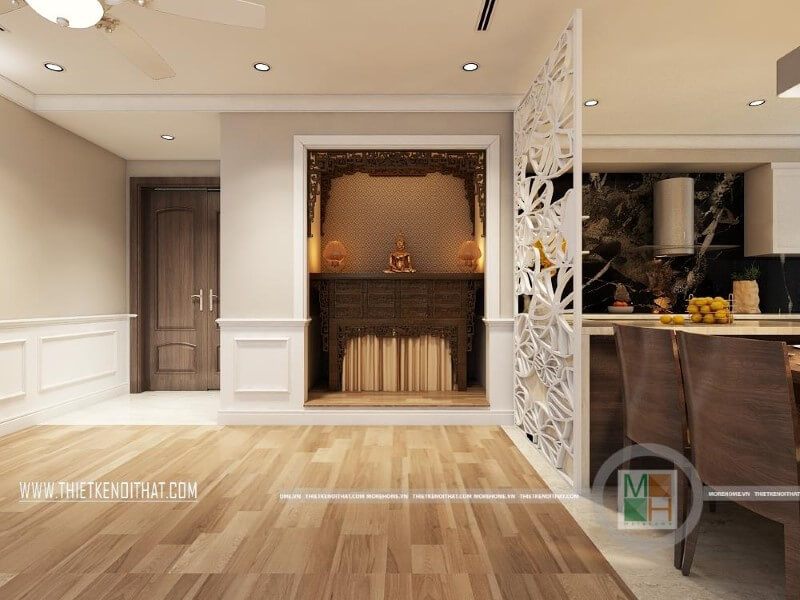 Mẫu thiết kế chung cư tiện nghi với khu thờ cúng trang trọng được tách biệt với khu bếp ăn qua vách cnc phòng thờ cao cấp giúp tiết kiệm được không gian diện tích mà mang lại sự tinh tế cho căn nhà Thiết kế chung cư
