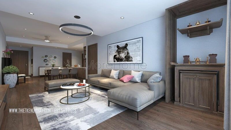 Thiết kế nội thất phòng khách chung cư hiện đại với những mẫu đồ nội thất đơn giản, đa năng và có gam màu nhẹ nhàng, tươi sáng Thiết kế chung cư