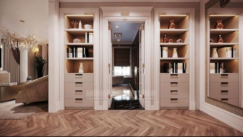 Tủ kệ đựng đồ gỗ tự nhiên đẹp, sang trọng cho phòng ngủ master liền phòng tắm. Thiết kế chung cư