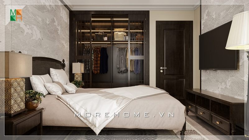 Thiết kế nội thất phòng ngủ gỗ tự nhiên với mẫu tủ quần áo âm tường giúp diện tích phòng rộng thoáng hơn Thiết kế chung cư