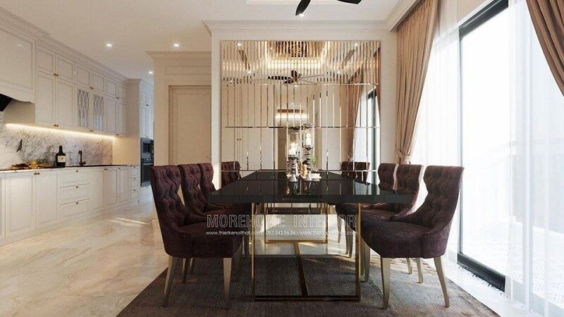 Mẫu bàn ăn đẹpvới chân inox vàng kim cao cấp kết hợp mẫu ghế ăn tân cổ điển tạo nên bộ bàn ăn sang trọng phù hơp với không gian phòng ăn rộng