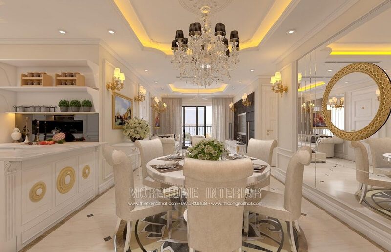 Mẫu bàn ănhiện đai với thiết kế độc đáo mặt bàn kính hình tròn kết hợp mẫu ghế ăn tân cổ điển cao cấp tạo điểm nhấn nổi bật cho căn phòng