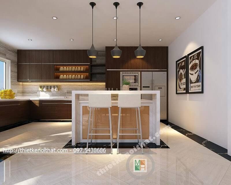Mẫu tủ bếp công nghiệp màu nâu với thiết kế dài chữ L sẽ giúp phòng bếp trở nên tiện nghi hơn cho người nội trợ.