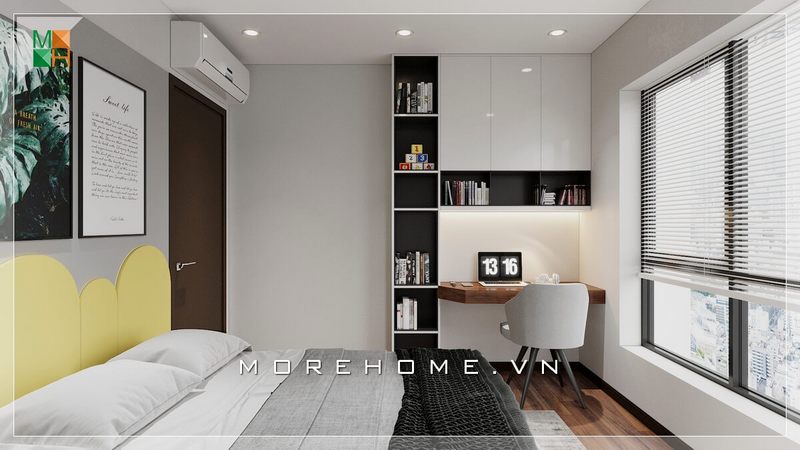 Giường ngủ hiện đại có thiết kế hướng ra cửa sổ, với màu sắc phù hợp với không gian phòng ngủ của căn hộ, nhà phố.