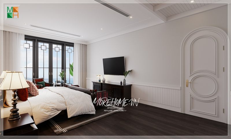 . Nội thất gỗ tự nhiên vẫn luôn là lựa chọn hàng đầu cho những thiết kế phòng ngủ phong cách tân cổ điển hay phong cách Indochine bởi nó có khả năng tạo hình tốt, màu sắc tự nhiên sang trọng và có những đường vân gỗ đa dạng.